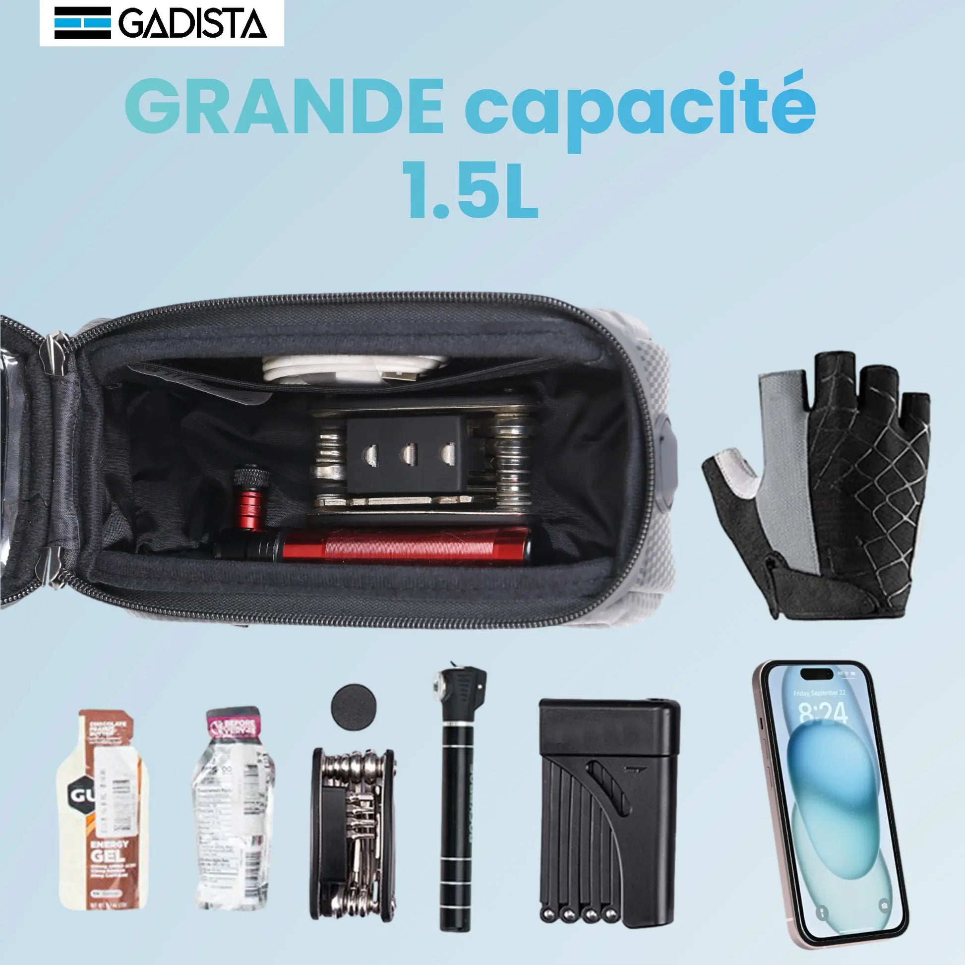 Sacoche pour cadre de vélo étanche, munie de PAD de protection pour ne pas rayer le cadre GADISTA