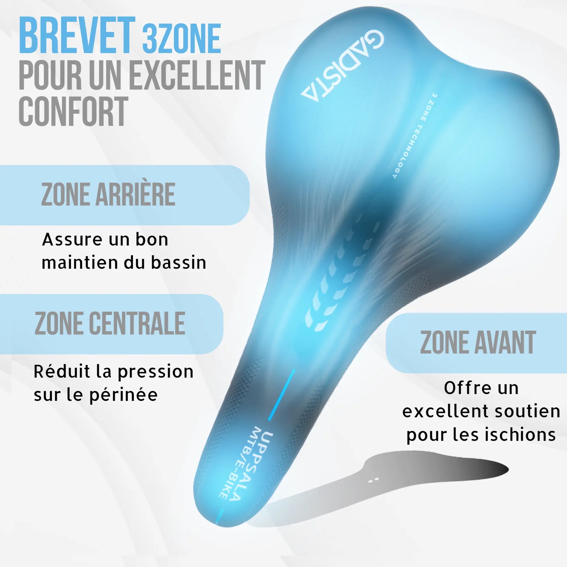 Selle de velo UPPSALA ultra confortable fait mains en ITALIE avec technologie brevetée 3ZONES, usage VTT VTTAE GRAVEL GADISTA