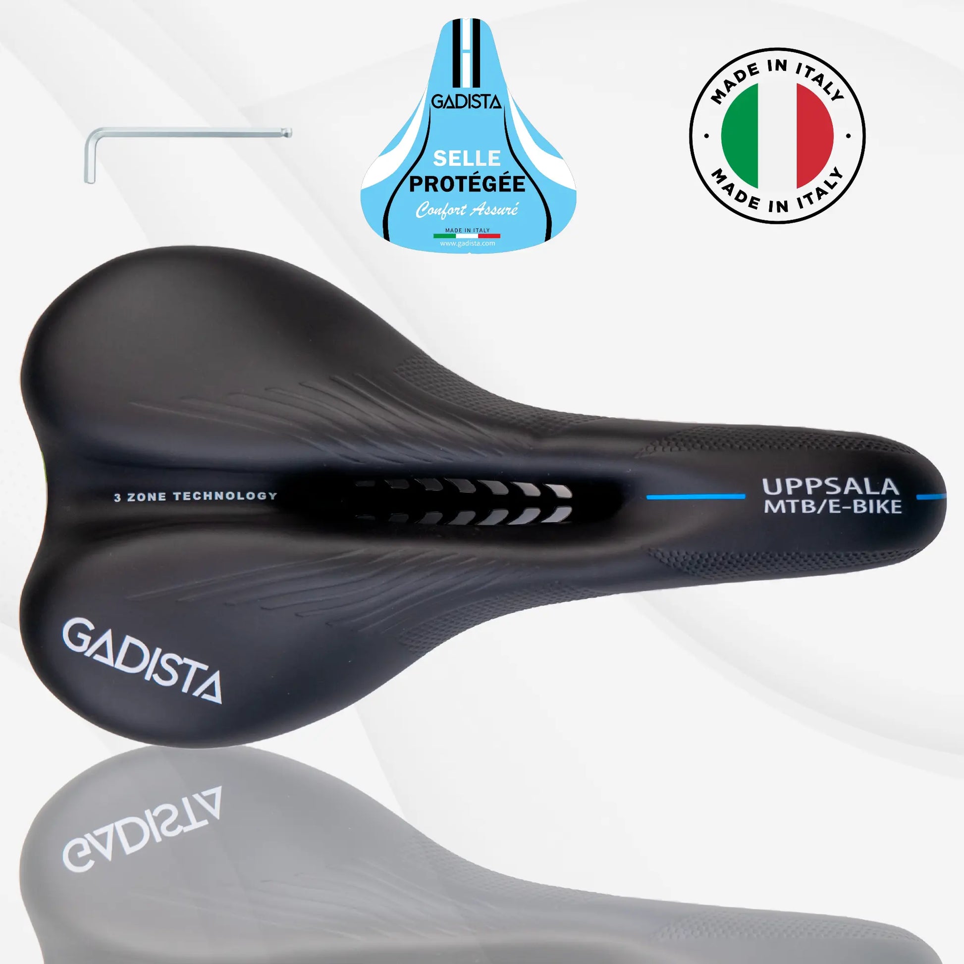 Selle de velo UPPSALA ultra confortable fait mains en ITALIE avec technologie brevetée 3ZONES, usage VTT VTTAE GRAVEL GADISTA