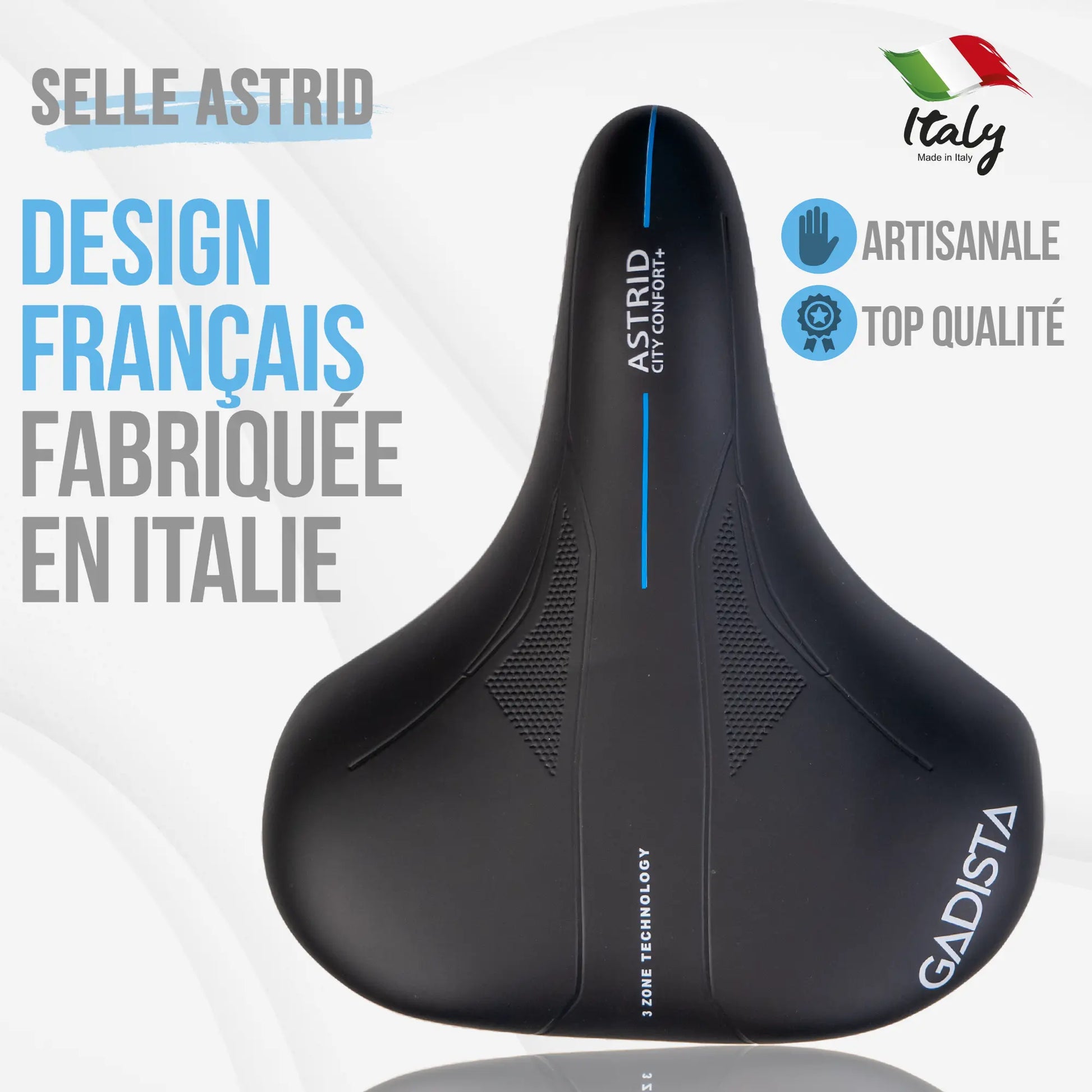 Selle velo ASTRID XXL ultra confortable, selle extra large fait mains en ITALIE avec technologie brevetée 3ZONE, selle idéale ville, velo appartement ou VAE GADISTA