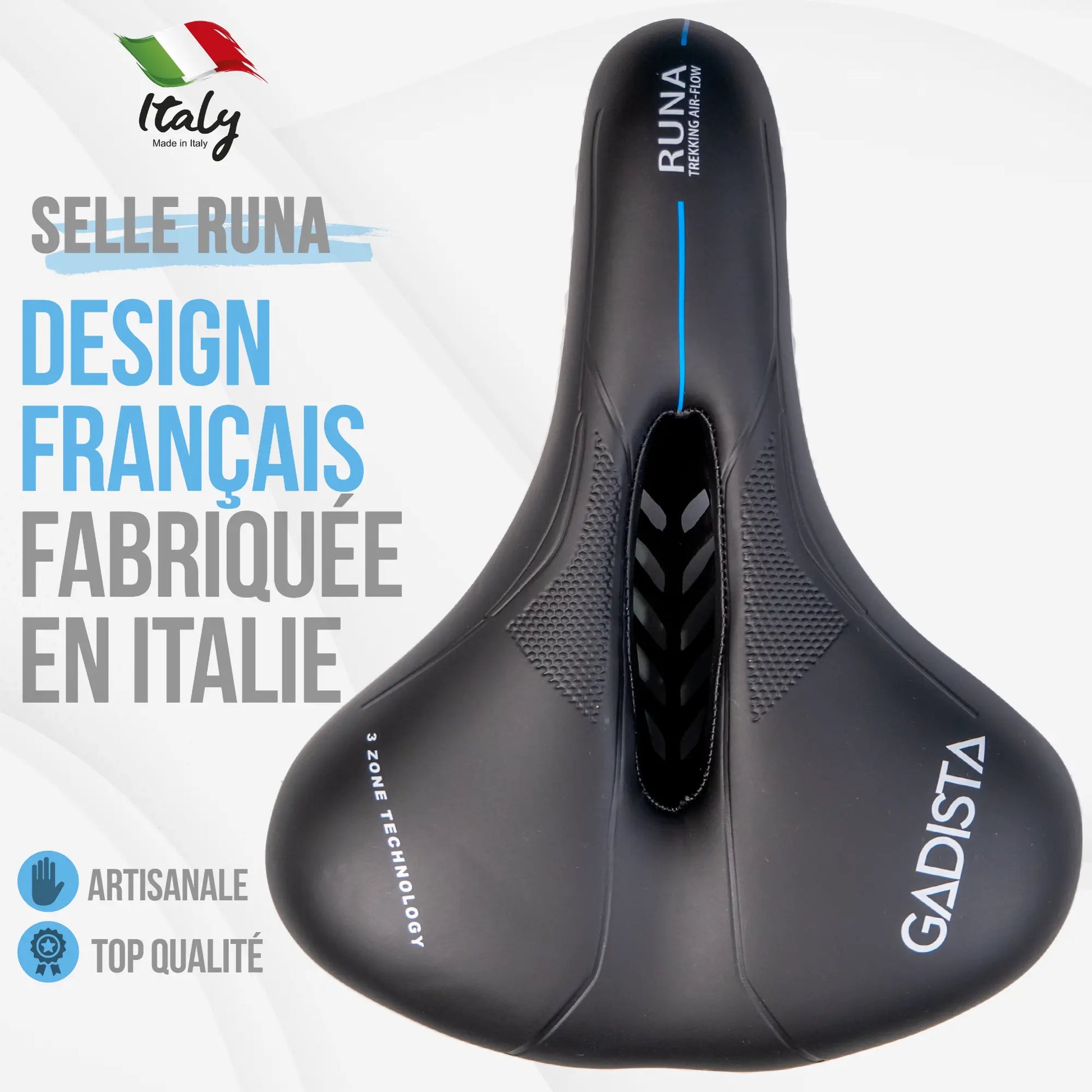 Selle velo RUNA ultra confortable fait mains en ITALIE avec technologie brevetée 3ZONES, usage VTT, ville ou  Randonnée. GADISTA