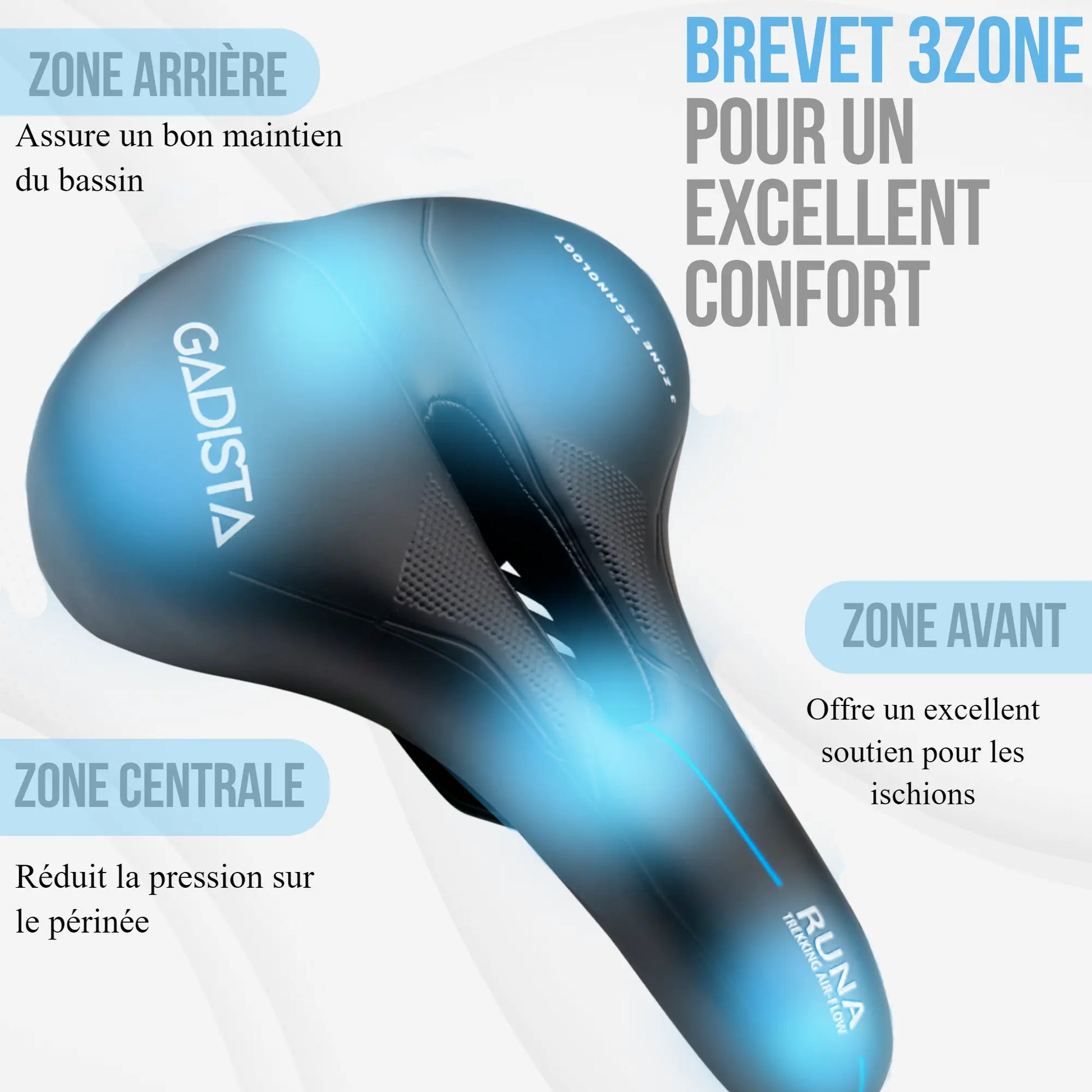 Selle velo RUNA ultra confortable fait mains en ITALIE avec technologie brevetée 3ZONES, usage VTT, ville ou  Randonnée. GADISTA