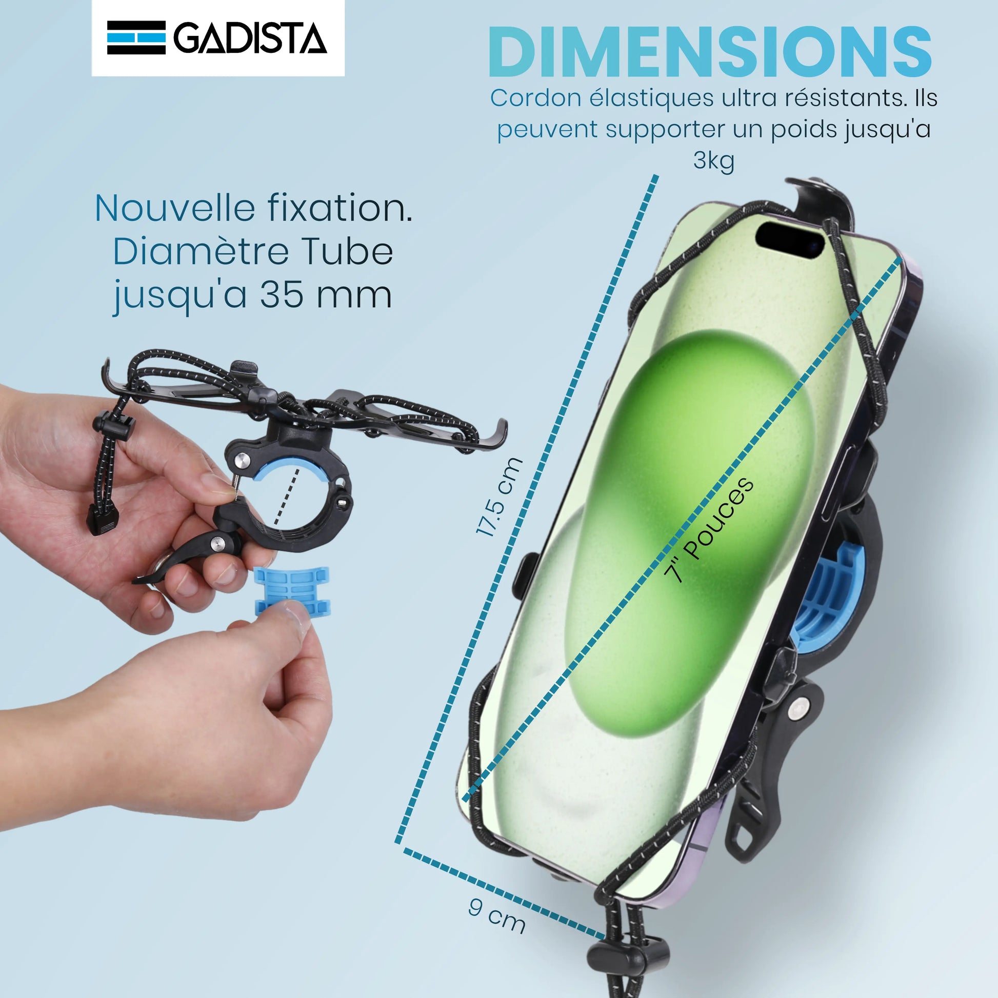 Support Telephone Velo jusqu'a 7 pouces, Fixation innovante. Rotation 360° GADISTA