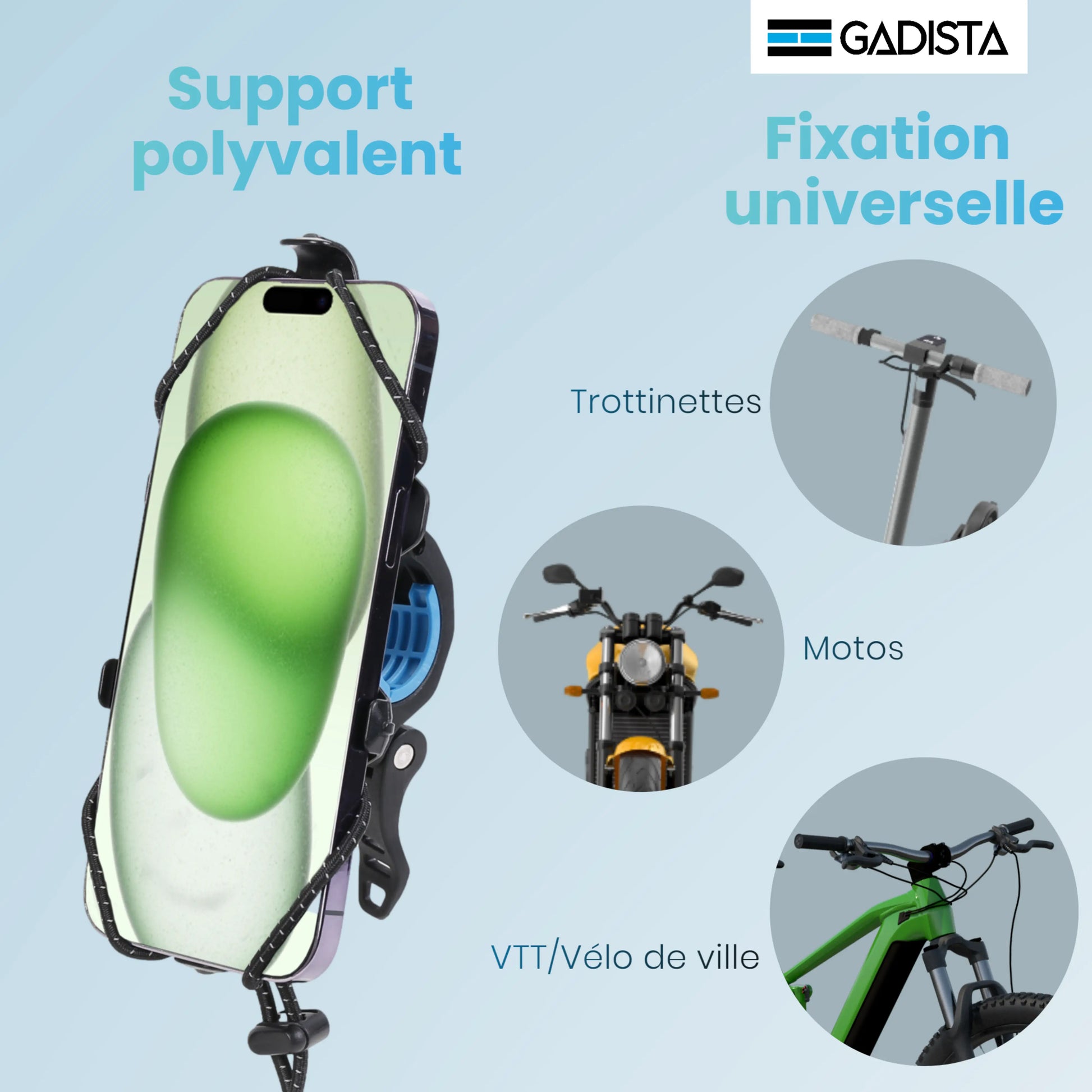 Support Telephone Velo jusqu'a 7 pouces, Fixation innovante. Rotation 360° GADISTA