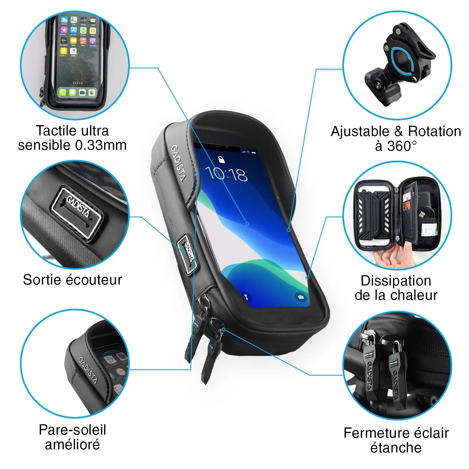 NOUVEAU : Support Telephone Velo/Moto/Trottinette. Support Telephone Moto étanche avec Housse de Pluie Transparente et Une Fixation innovante. Accessoire Velo Indispensable, Sacoche Velo GADISTA