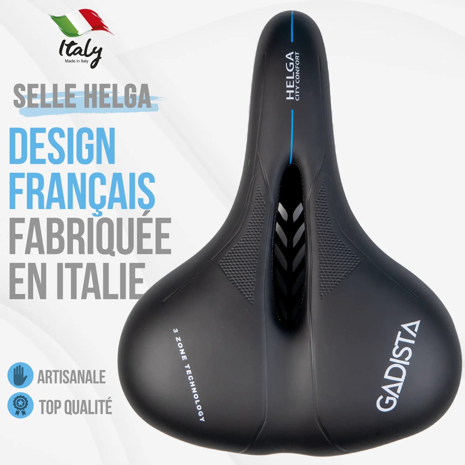 Selle velo HELGA ultra confortable fait mains en ITALIE avec technologie brevetée 3ZONE, usage velo appartement / vélo électrique GADISTA